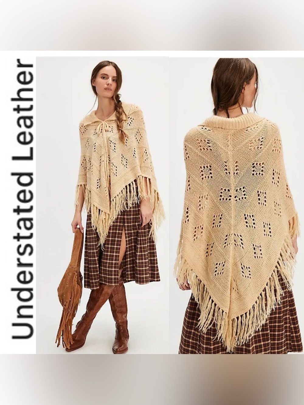 New Free People x Understated leather Beeige Eyelete Fringe poncho OS